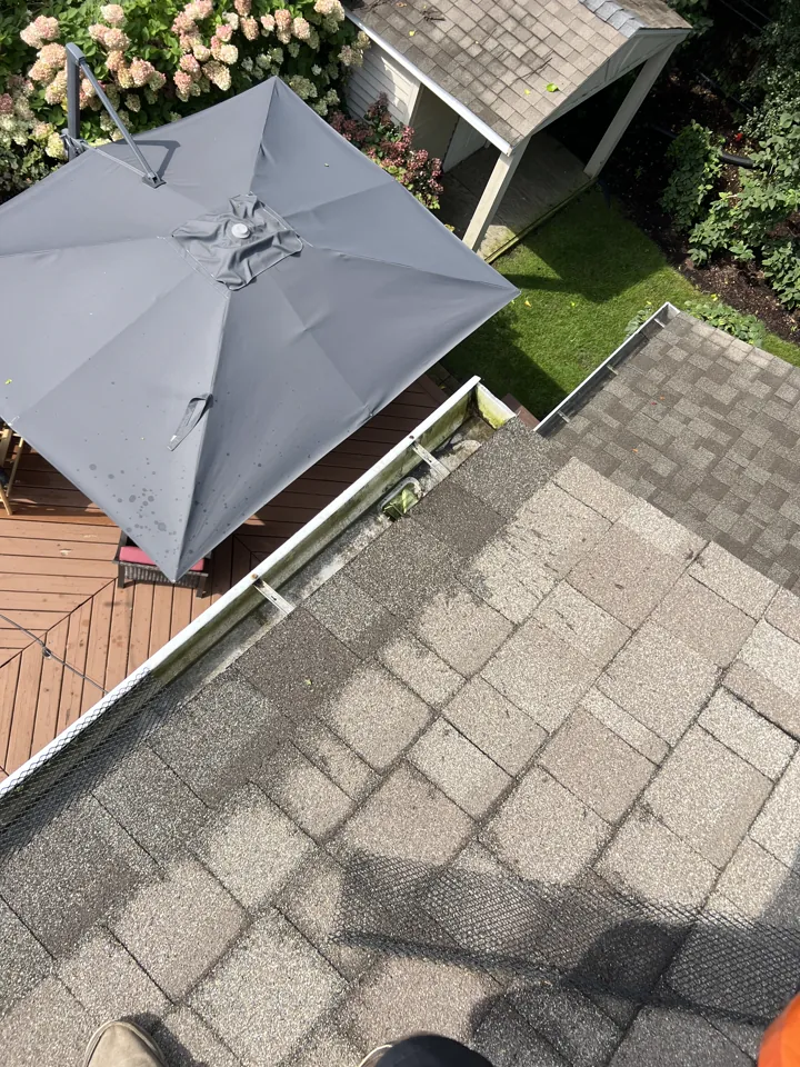 Gutter opened up and cleaned under its screen guard on a Libertyville home, with green staining on the gutter wall, above a backyard deck and patio umbrella