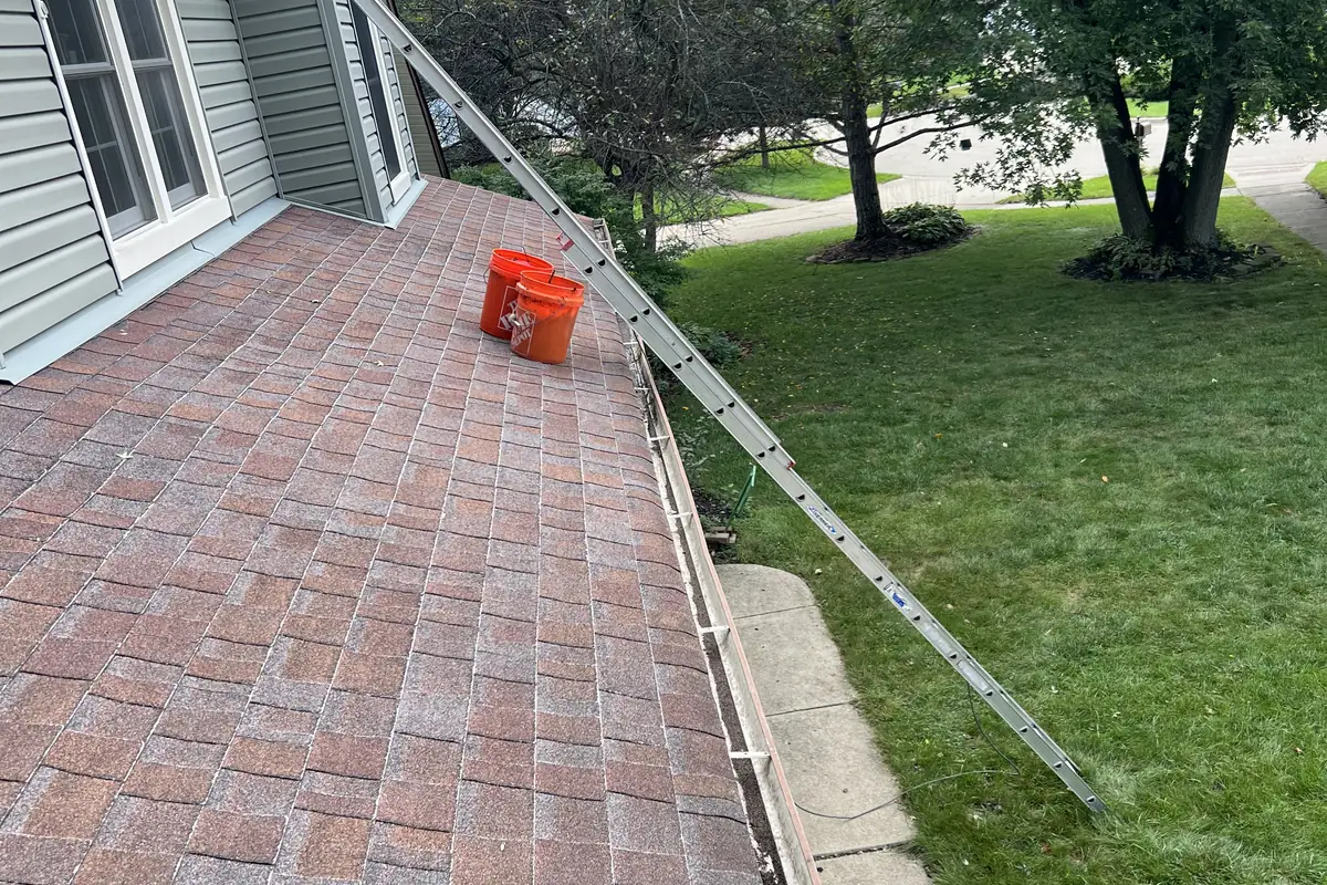 Ladder against the lower roof of a two-story Libertyville home during a $170 gutter cleaning, with the cleared gutter along the roof edge